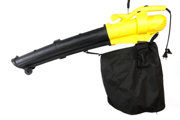 Corded electric leaf blower isolated on white background. Electric Leaf Blower, leaf vacuum and leaf mulcher for lawn care