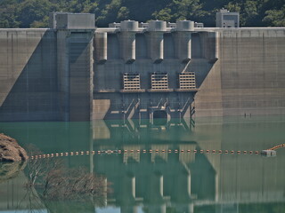 Gunma, Japan - September 7, 2025: View of Yamba Dam from upstream side in Gunma, Japan