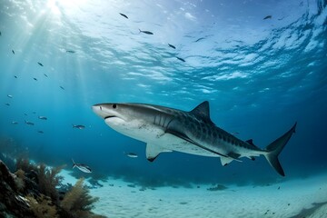 Fototapeta premium Tiger shark swimming in the clear blue ocean with sun rays shining through