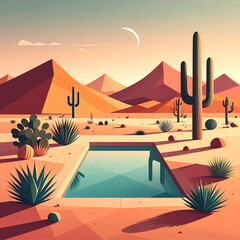 Desert Oasis A Geometric Sunset Landscape