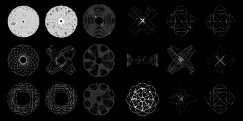 Collection of abstract geometric shapes and circular patterns in grayscale on black background