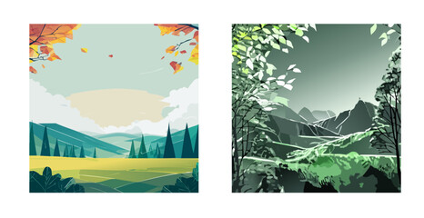 Autumnal Meadow & Monochromatic Mountain Range:  Stylized Landscape Diptych
