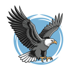 Fototapeta premium Bald eagle in flight with outstretched wings and talons extended against a blue circular background bird