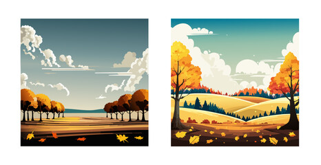 Autumnal Landscapes: Two Vector Illustrations of Rolling Hills and Golden Trees