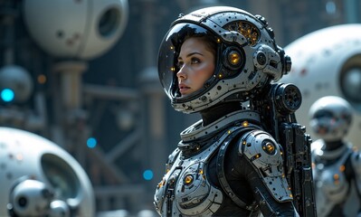 Fototapeta premium A determined explorer in an advanced, armored space suit gazes across a metallic, futuristic environment with other figures.