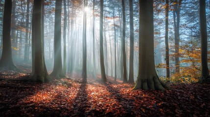 Autumn forest with sun rays and light fog