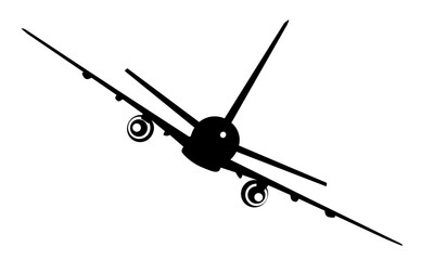 Black silhouette of a commercial airplane flying with tilted wings, viewed from the front and slightly below.