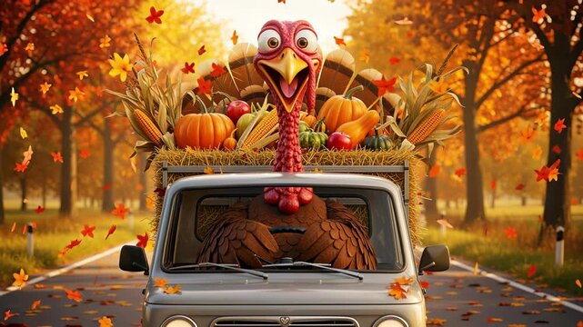Whimsical Thanksgiving Turkey Driving Through Autumn Leaves With Pumpkin Harvest