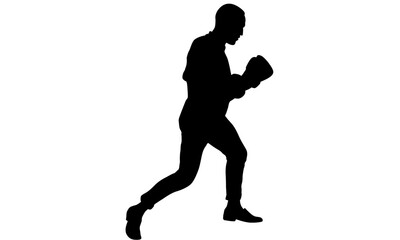 A black silhouette of a man in a classic boxing stance, wearing gloves and ready to fight on a white background.
