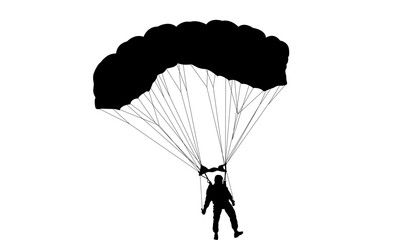 A silhouette of a skydiver descending with a large black parachute against a white background.