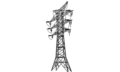 Monochromatic line art depiction of a tall electricity transmission pylon, showcasing its intricate metal lattice structure against a white background.