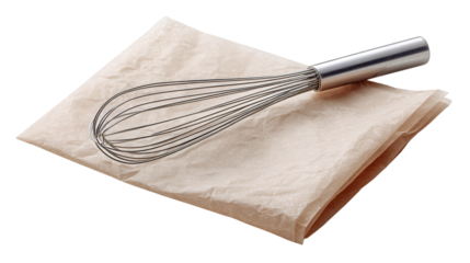 Stainless steel whisk resting on parchment paper isolated on transparent background