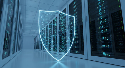 Cyber security concept showing a shield in front of server racks