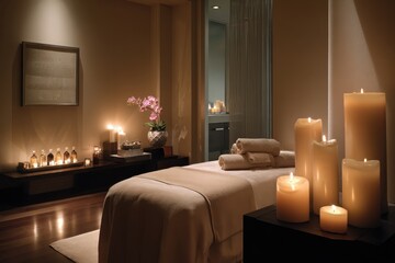 Serene spa room with candles, towels, and massage table