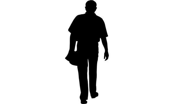 A black silhouette of a man seen from behind, walking away while holding a hat in his hand against a plain white background.
