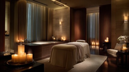 Luxurious spa room with massage table, bathtub, and candles