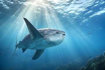Fototapeta premium Sunfish swimming gracefully in the ocean with sun rays shining through water