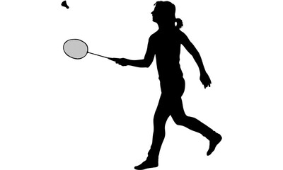 Black silhouette of a female badminton player with a ponytail, holding a racket and hitting a shuttlecock.