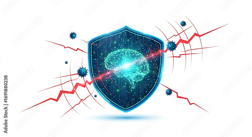 Aufkleber digital brain inside shield protected from viruses and red lightning on a white background concept a