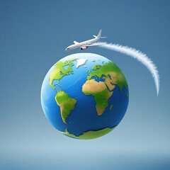 Fototapeta premium A commercial airplane flies above a cartoon Earth, leaving a white vapor trail across the blue sky.