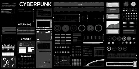 Cyberpunk futuristic digital interface with data visualizations and warning messages on a dark background