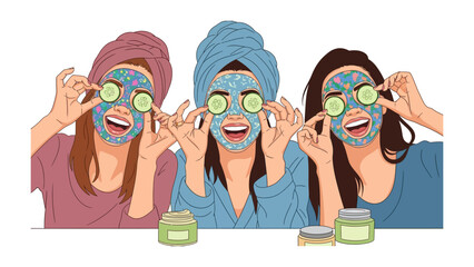 Three happy women with face masks and cucumber slices on their eyes enjoying a spa day at home with skincare products and towels on their heads