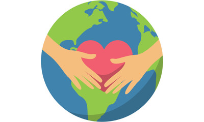 Hands embracing a pink heart over a green and blue globe, symbolizing global love, care, and environmental protection.