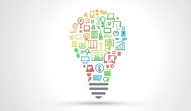 Colorful lightbulb shape filled with diverse business icons