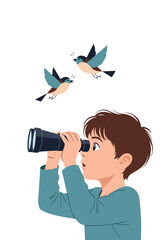 Naklejka premium Curious boy discovers birds in flight using binoculars, sparking wonder and exploration in nature