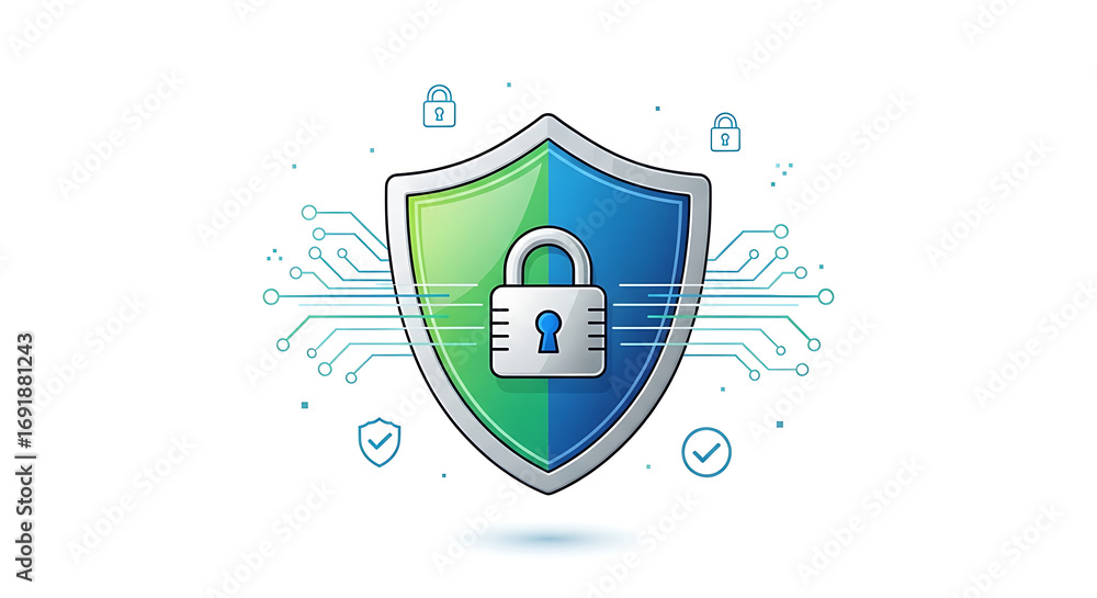 Poster a digital security shield with padlock and circuit lines on a white background illustration art
