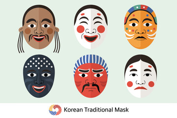 Beautiful Korean Traditional Andong Hahoe Mask Vector Illustration &ndash; Cultural Heritage Icon Representing Korean Folk Art, History, and Classic Performance Mask Design in Isolated Style