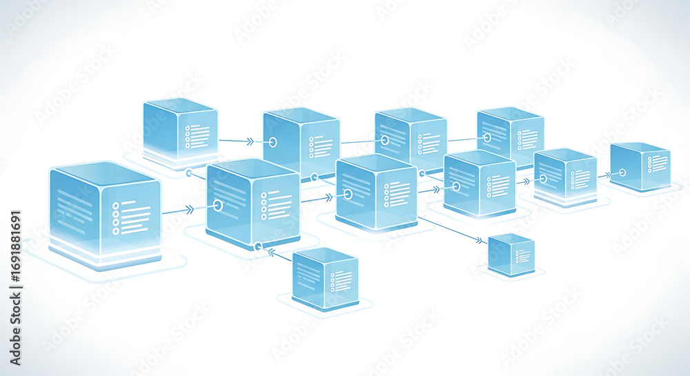 Poster network of translucent blue cubes connected by arrows on a white background representing data flow