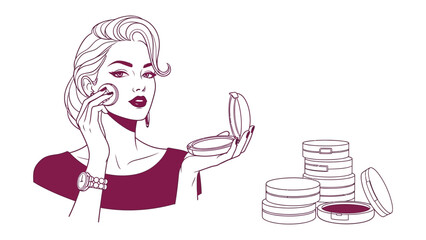 Retro pop art illustration of a glamorous woman applying makeup with a compact mirror and cosmetic products in a vintage style