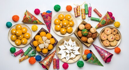 "Traditional Indian Sweets and Colorful Firecrackers Arranged for Diwali Celebration on White Background, Festive Mithai and Crackers Display"