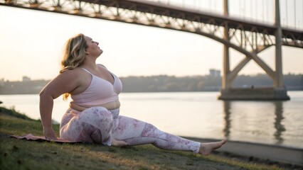 Plus Size White Woman Practicing Yoga Outdoors in Pink Athletic Outfit by the River