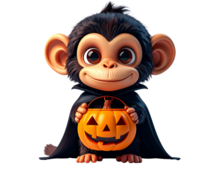 Cute 3D cartoon monkey wearing a vampire cape and holding a Halloween pumpkin bucket.