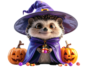 Cute 3D cartoon hedgehog wizard character with Halloween candy and jack-o'-lanterns.