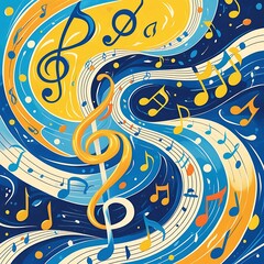 A vibrant, swirling abstract illustration of colorful musical notes and treble clefs flowing along curving staff lines on a dynamic blue and yellow background.