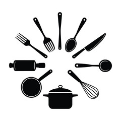 Black kitchen utensil icons arranged in a circle on a white background kitchenware cooking