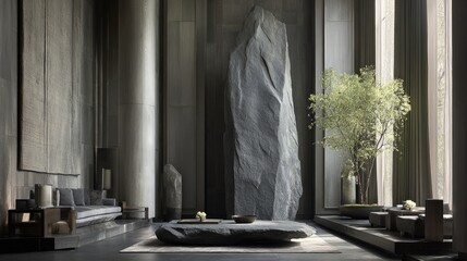 Modern, minimalist interior with large stone feature