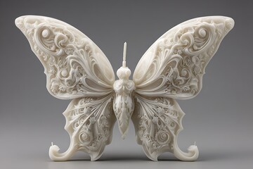 A sculpted butterfly-shaped decorative candle with intricate wax wings, plain background 