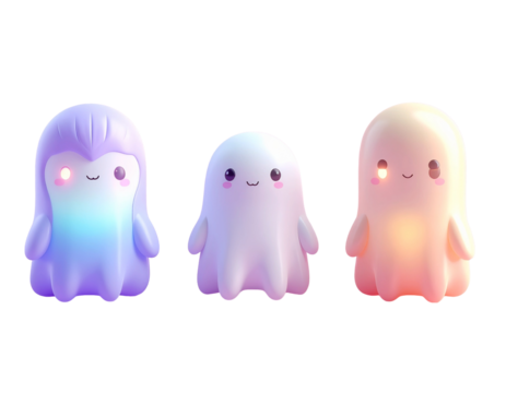 Three cute 3D pastel Halloween ghost spirits with glowing features on black background.