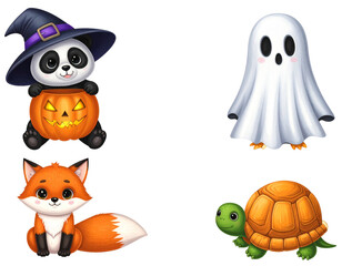 Fototapeta premium Cute 3D cartoon Halloween illustration set with a witch panda, ghost, fox, and turtle.