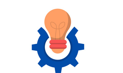 An illustration of a lightbulb inside a blue cogwheel symbolizing innovation, ideas, and industry.