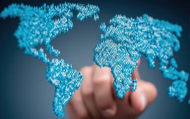 World map, 3D, pixelated, people, hand pointing