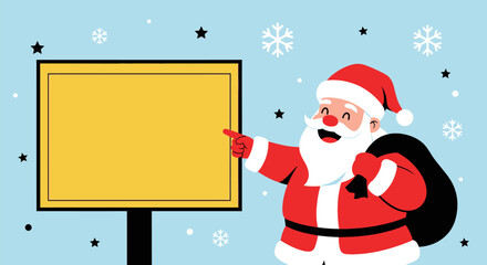 Cheerful Cartoon Santa Claus Pointing to a Blank Yellow Sign