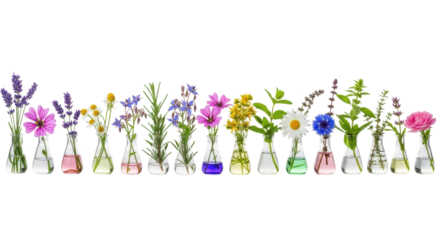 A horizontal line of tiny clear glass vases with distinct botanical specimens (lavender, chamomile, rosemary, rose, herbs), on a reflective grey surface, white background, studio light. Concept of