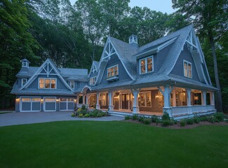 Large, gray-shingled home with a wraparound porch, nestled in a wooded area at dusk