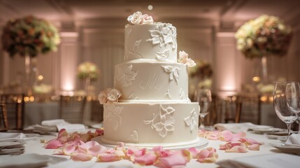 Fototapeta premium Timeless three-tiered wedding cake design, smooth fondant with floral patterns, scattered rose petals on table setting