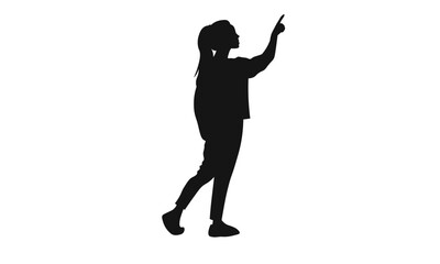 Silhouette of a young woman pointing upwards, indicating a direction or goal. Vector illustration of a person looking up with hope